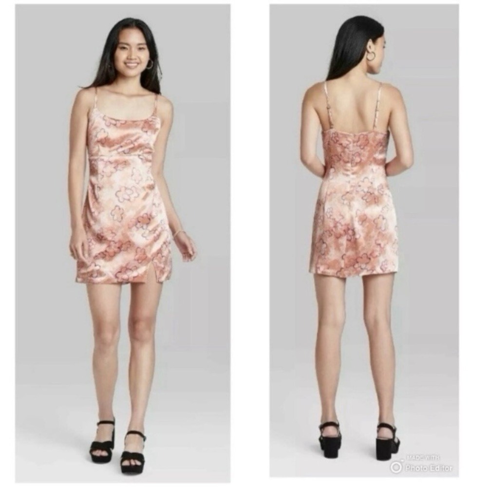 Wild Fable Pink Satin Mini Dress Size Medium Abstract Floral Party Dress NWT
